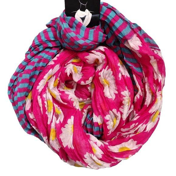 Spring Floral Striped Women's Scarf Wraps Lightweight Pink Blue Yellow - Picture 3 of 6